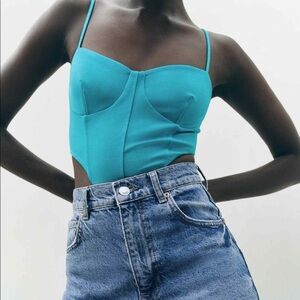 Zara Blue Knit Bustier Corset Cutout Bodysuit